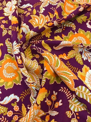100% Viscose - Floral Print Purple & Gold XN185