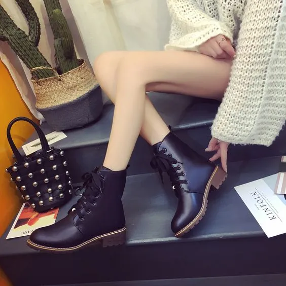 Black Cross Strap Flat Martin Boots