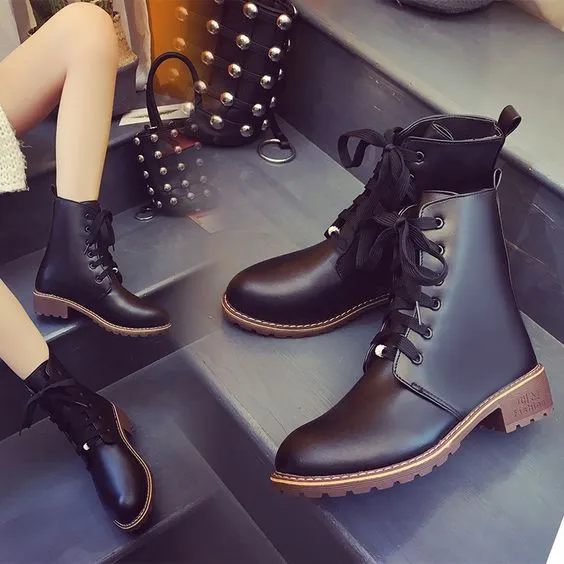 Black Cross Strap Flat Martin Boots