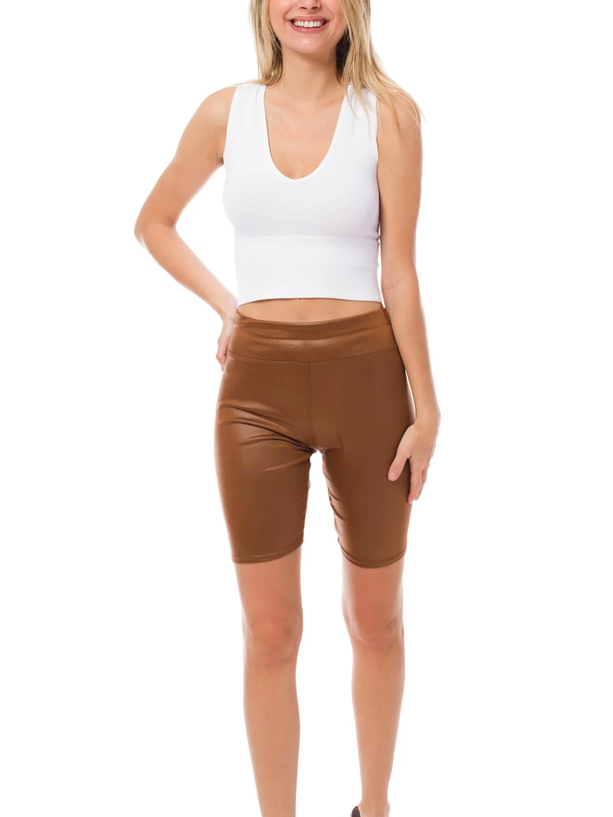 Comfortable Faux Leather Biker Shorts with Stretchy Elastic Band