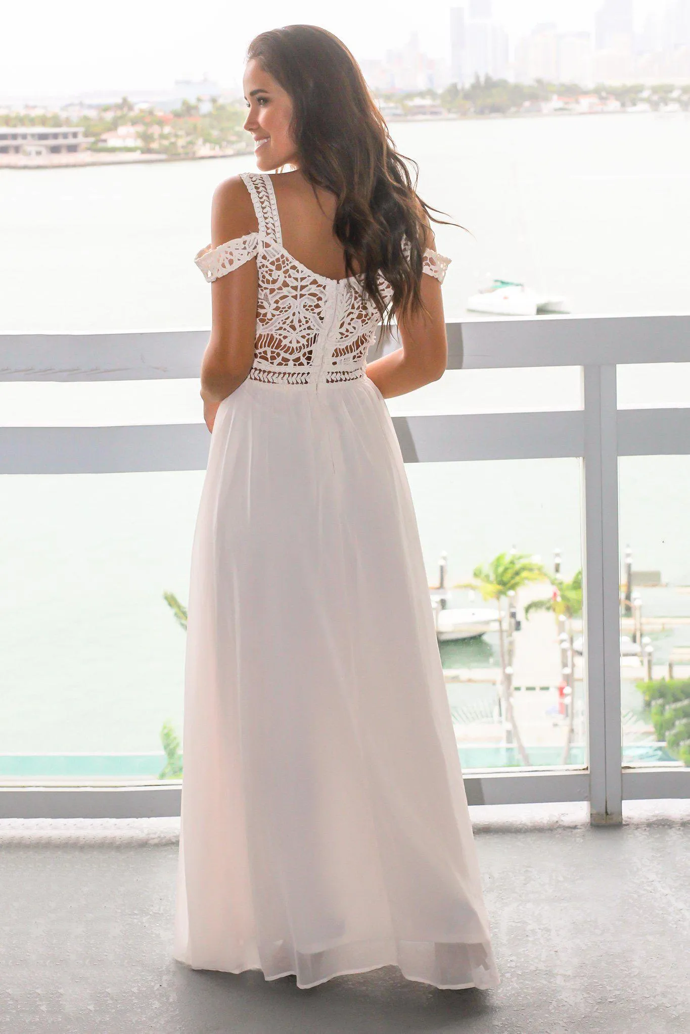 Ivory Cold Shoulder Maxi Dress with Crochet Top