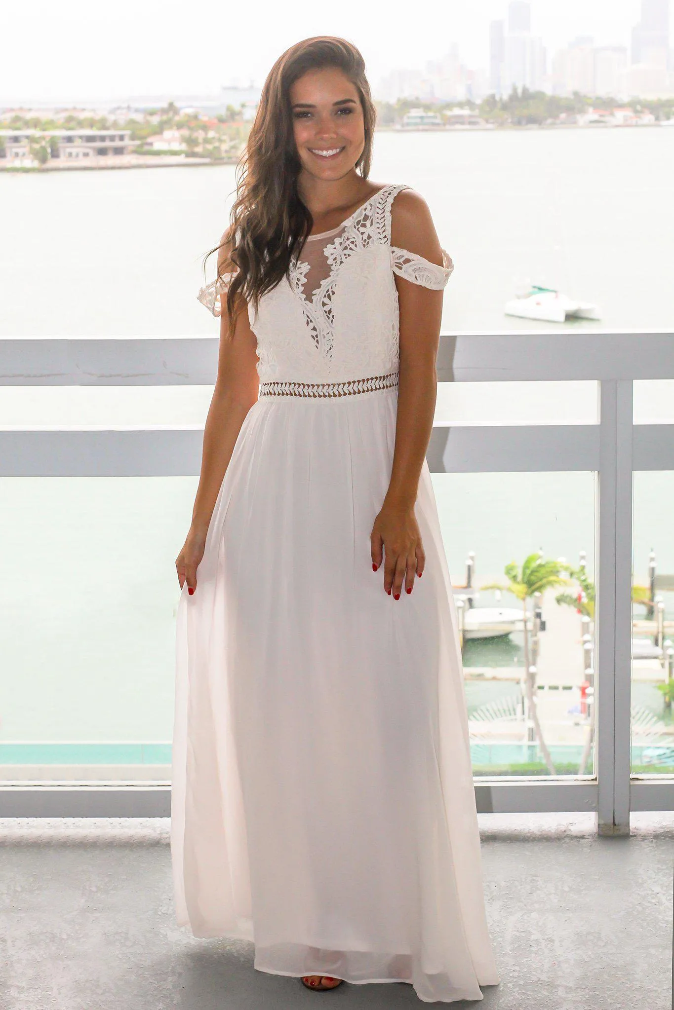 Ivory Cold Shoulder Maxi Dress with Crochet Top