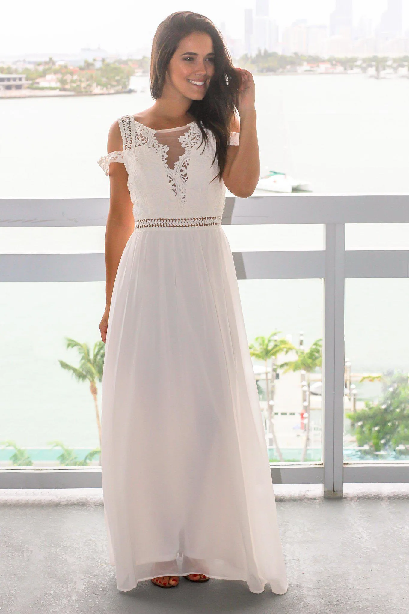 Ivory Cold Shoulder Maxi Dress with Crochet Top