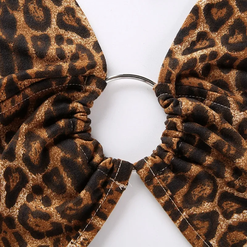 Leopard Printed Sexy Halter Crop Top Women Camis Backless Bandage Lace