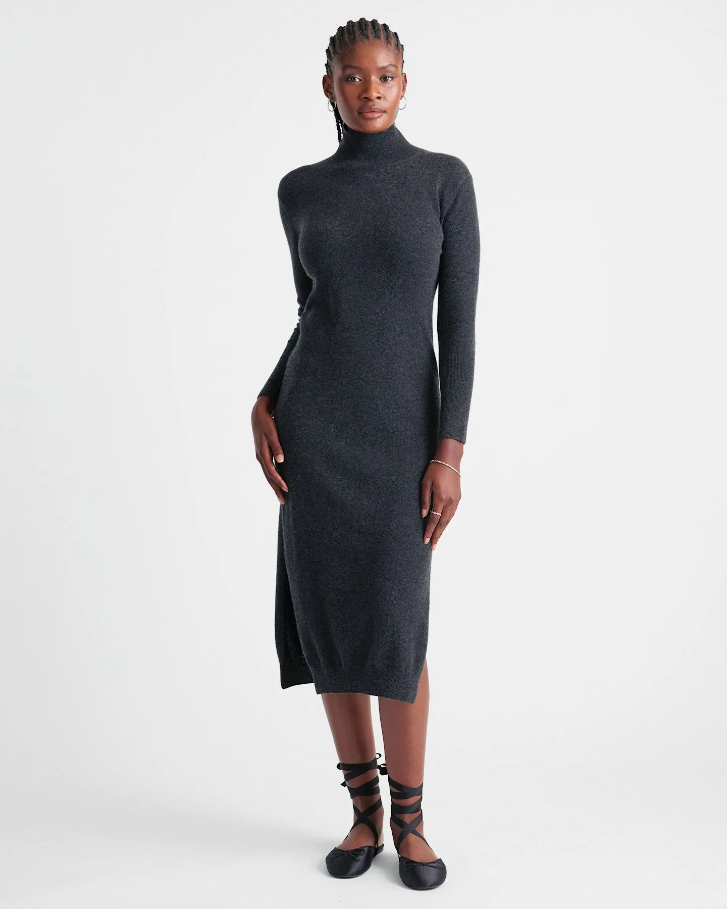 Lightweight Mongolian Cashmere Turtleneck Midi Sweater Dress