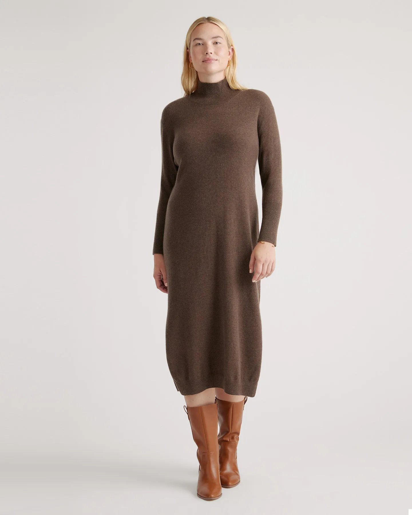 Lightweight Mongolian Cashmere Turtleneck Midi Sweater Dress