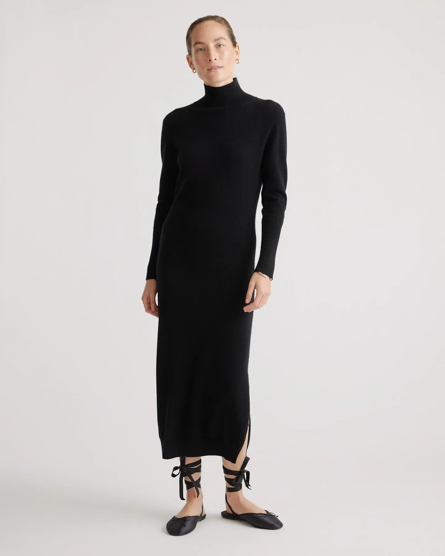 Lightweight Mongolian Cashmere Turtleneck Midi Sweater Dress