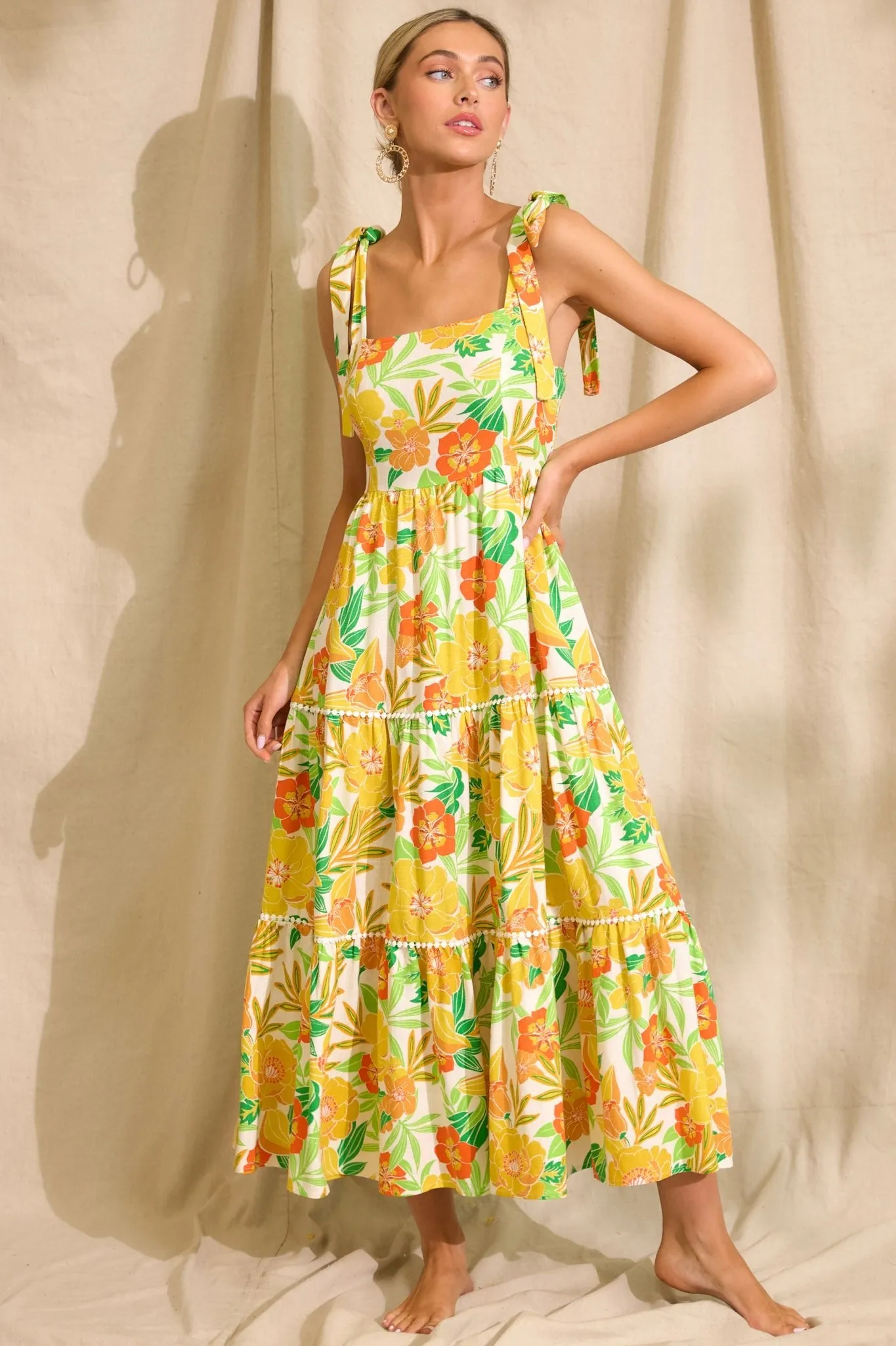 Planting Seeds Yellow Floral Linen Maxi Dress