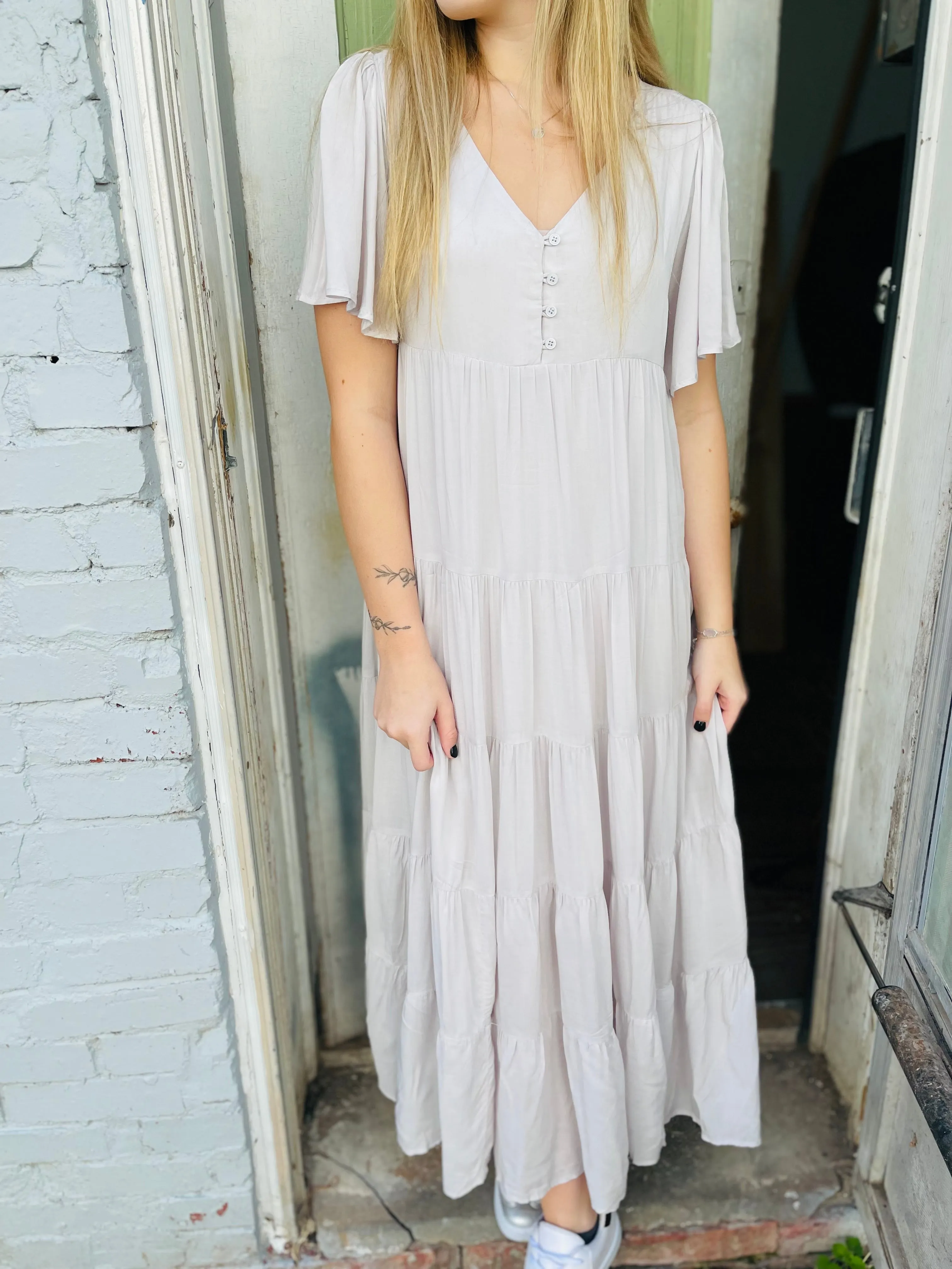 Porcelain Flowy Tiered Maxi Dress