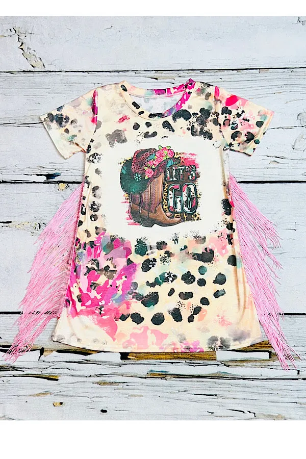 "LET'S GO" cowboy boots & hat pink fringe short sleeve dress DLH2302
