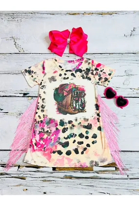 "LET'S GO" cowboy boots & hat pink fringe short sleeve dress DLH2302