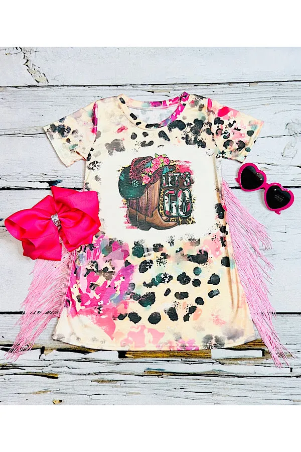 "LET'S GO" cowboy boots & hat pink fringe short sleeve dress DLH2302