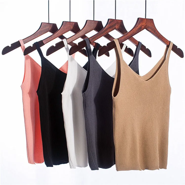 Summer Vintage CHIC Camisole Women Korean Short V-Neck Matching Sleeveless Knitted Camisole