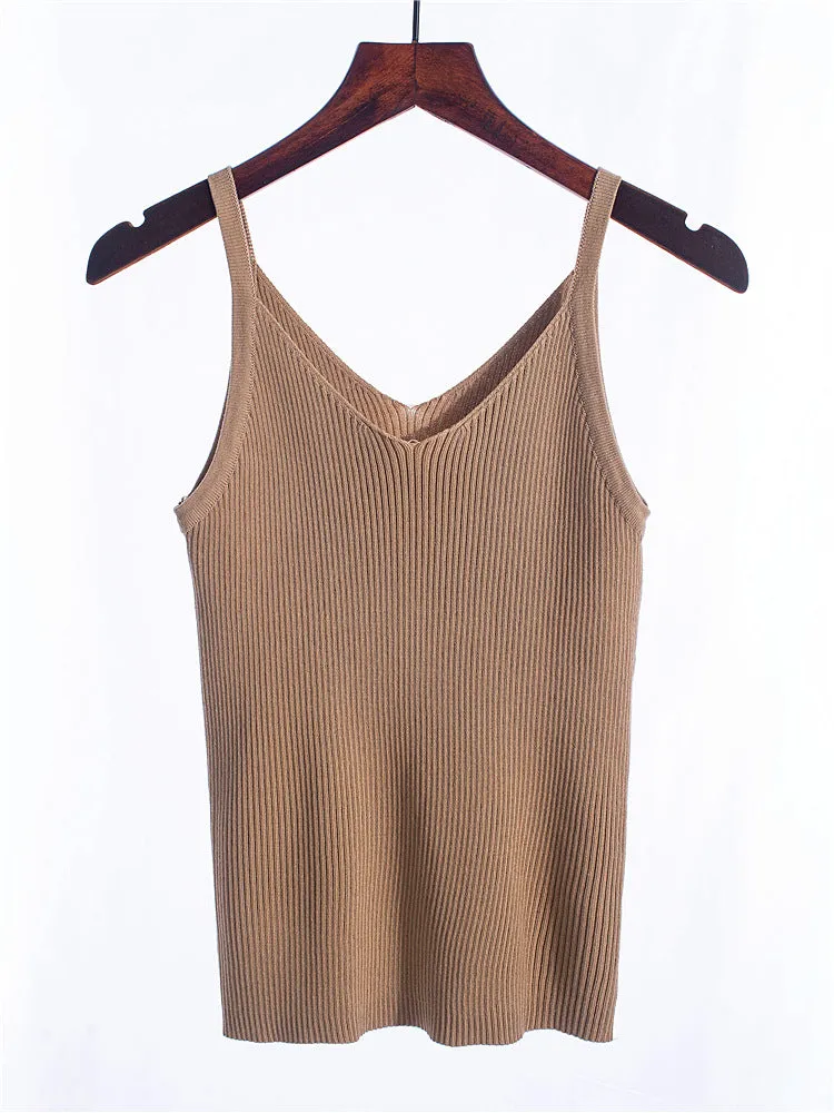 Summer Vintage CHIC Camisole Women Korean Short V-Neck Matching Sleeveless Knitted Camisole