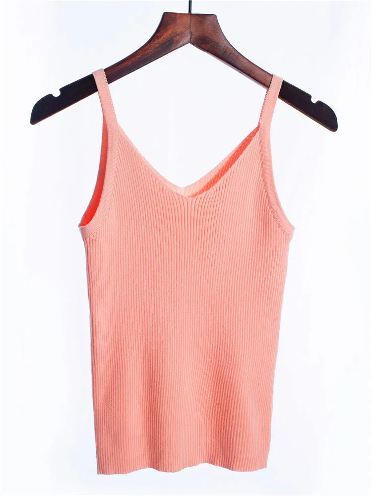 Summer Vintage CHIC Camisole Women Korean Short V-Neck Matching Sleeveless Knitted Camisole
