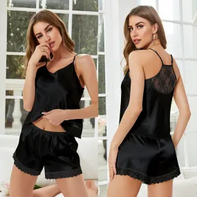 Suspender ice silk home wear suit Women's pajama set with 2 shorts Pajamas and shorts