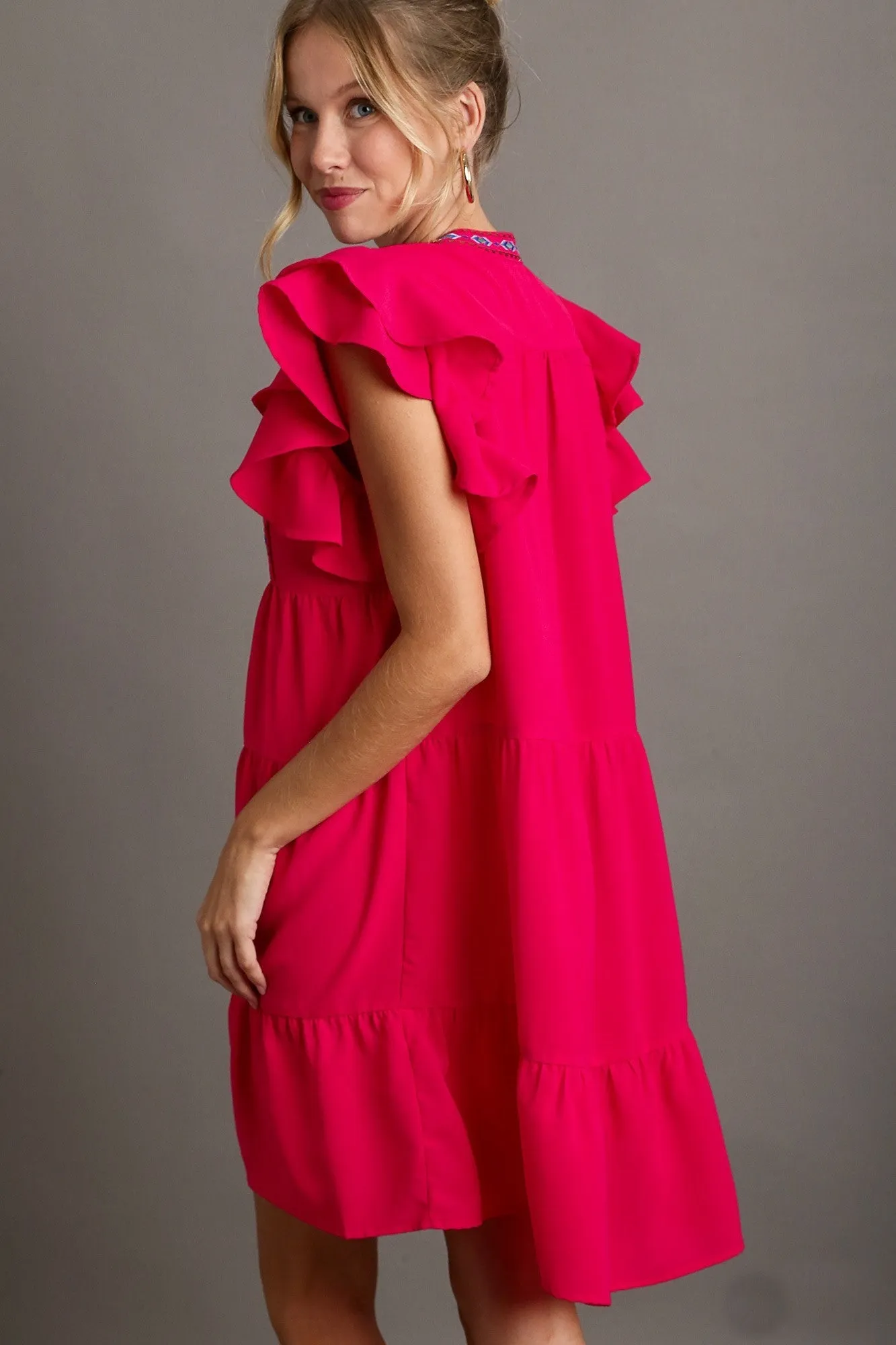 Umgee Embroidery Detailed Short A-Line Dress in Hot Pink