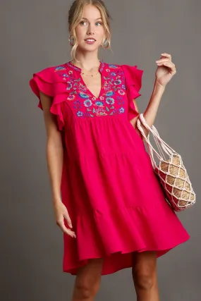 Umgee Embroidery Detailed Short A-Line Dress in Hot Pink