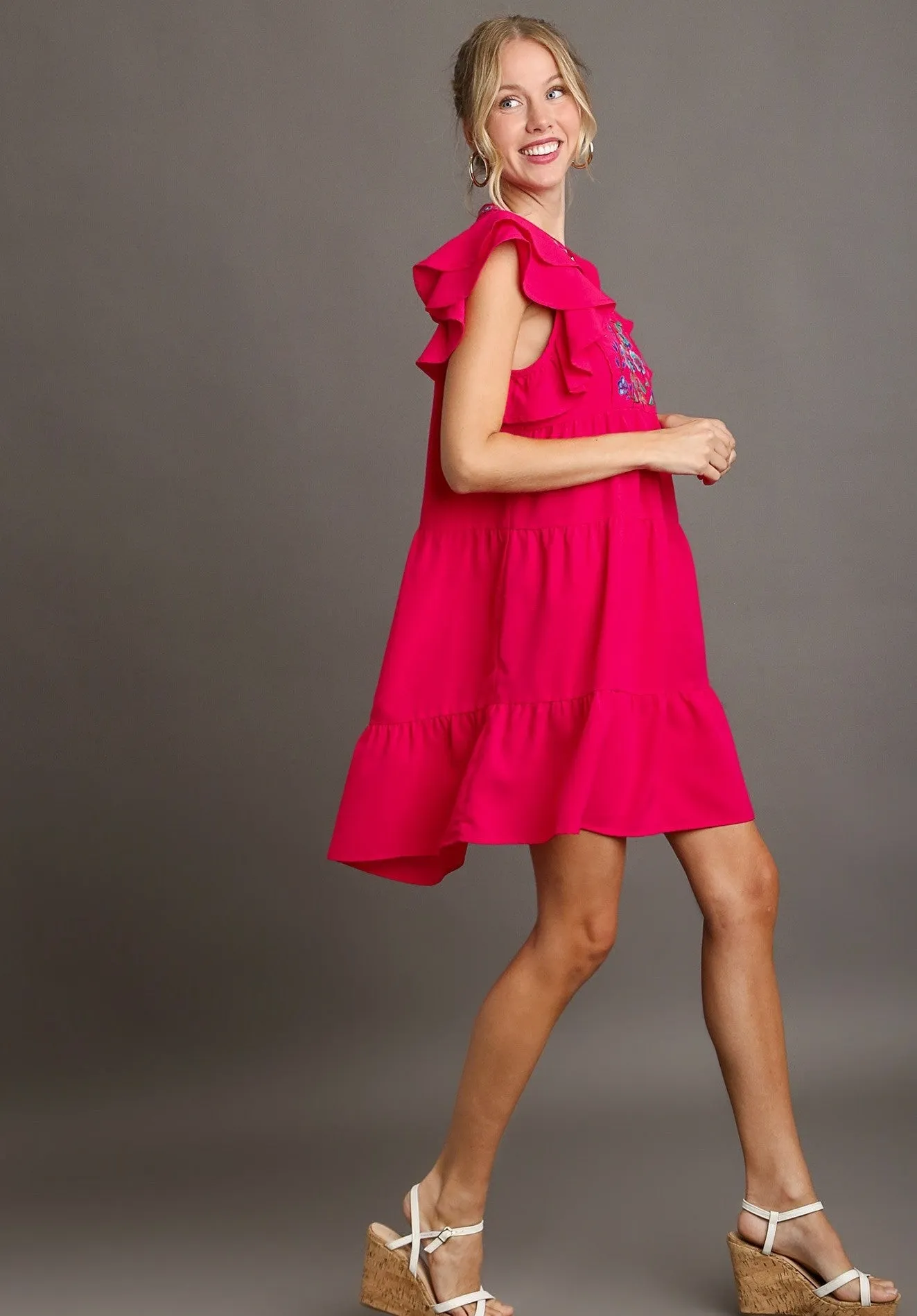 Umgee Embroidery Detailed Short A-Line Dress in Hot Pink