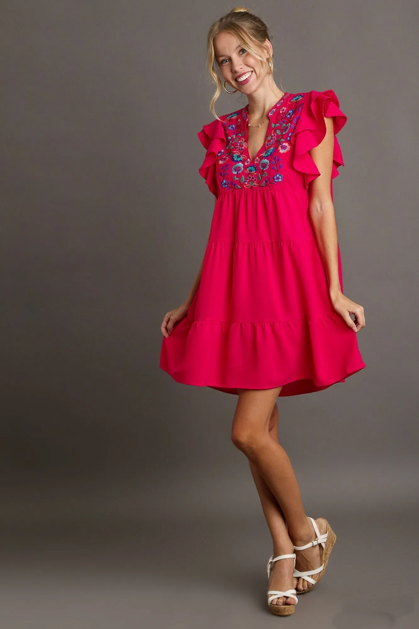 Umgee Embroidery Detailed Short A-Line Dress in Hot Pink