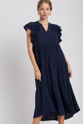 Umgee Split Neck A-Line Tiered Midi Dress in Navy