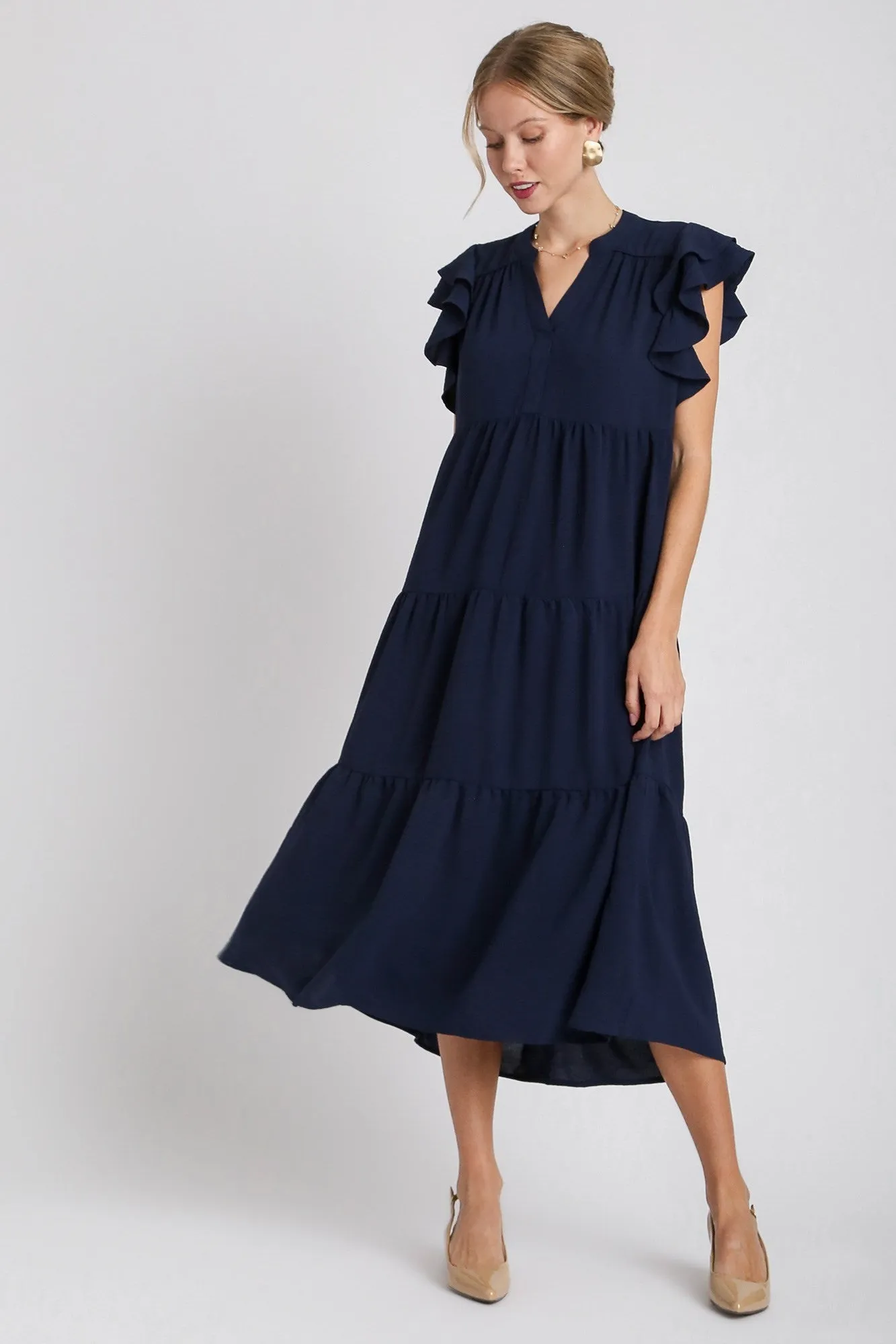 Umgee Split Neck A-Line Tiered Midi Dress in Navy