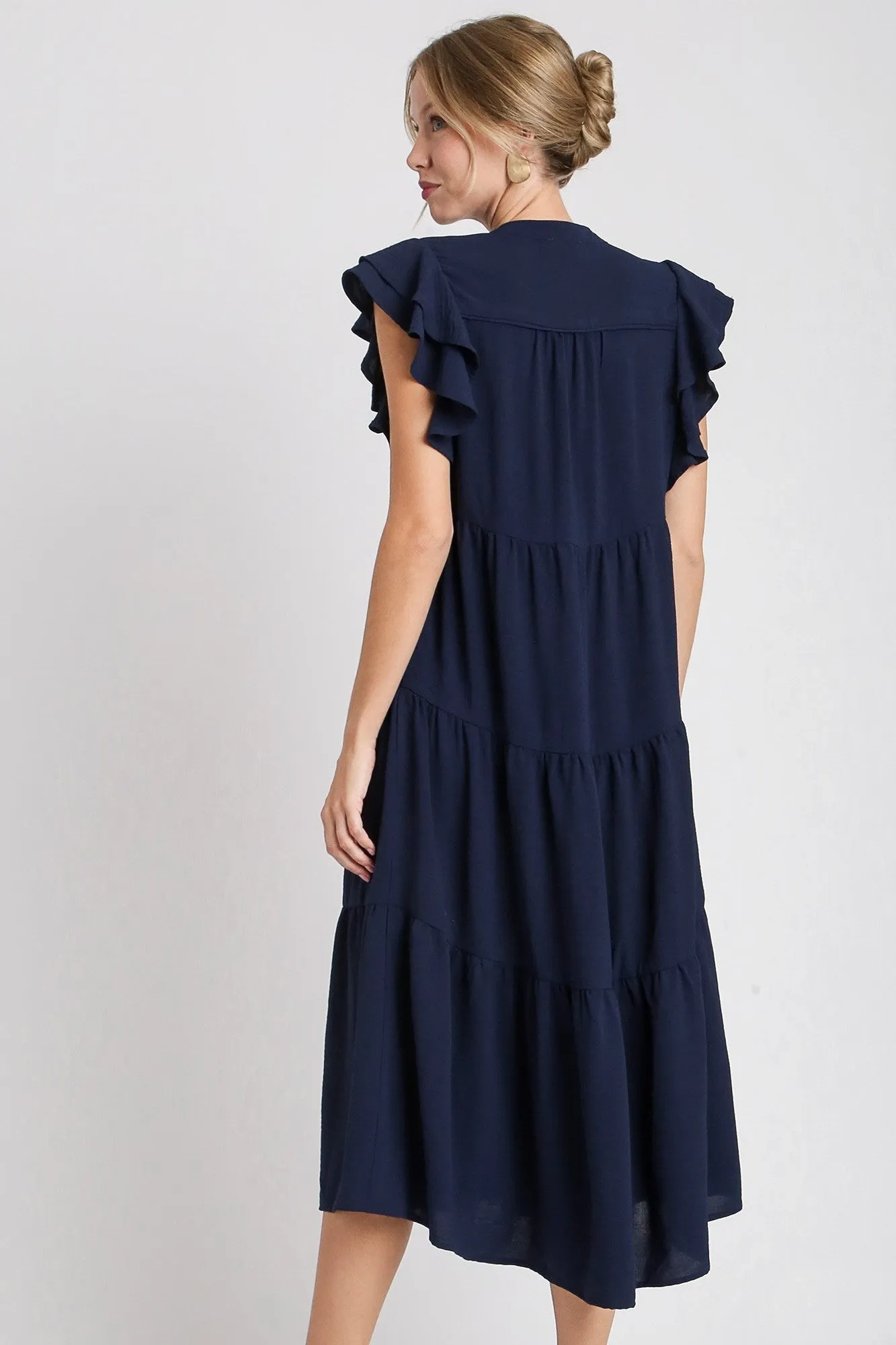 Umgee Split Neck A-Line Tiered Midi Dress in Navy