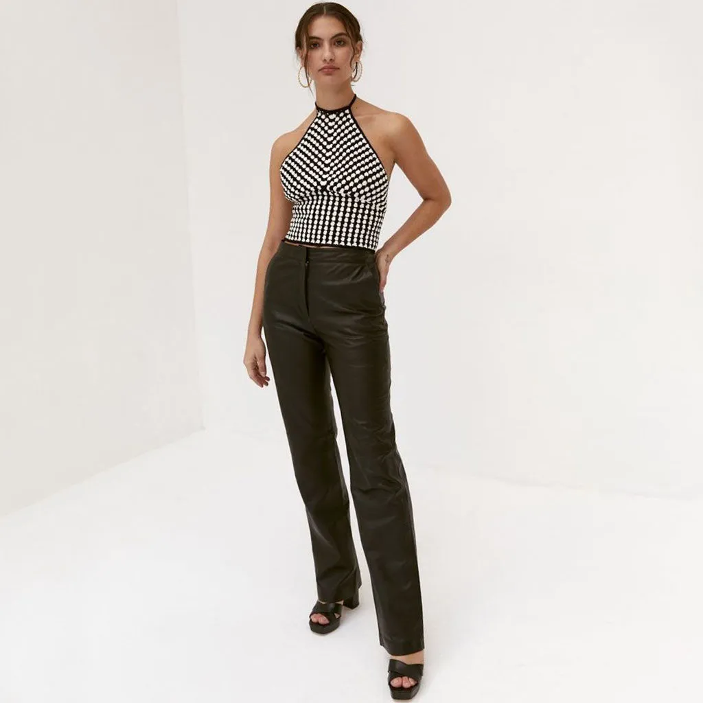 Vintage Gingham Lace Up Halter Neck Cropped Tank Top - Black