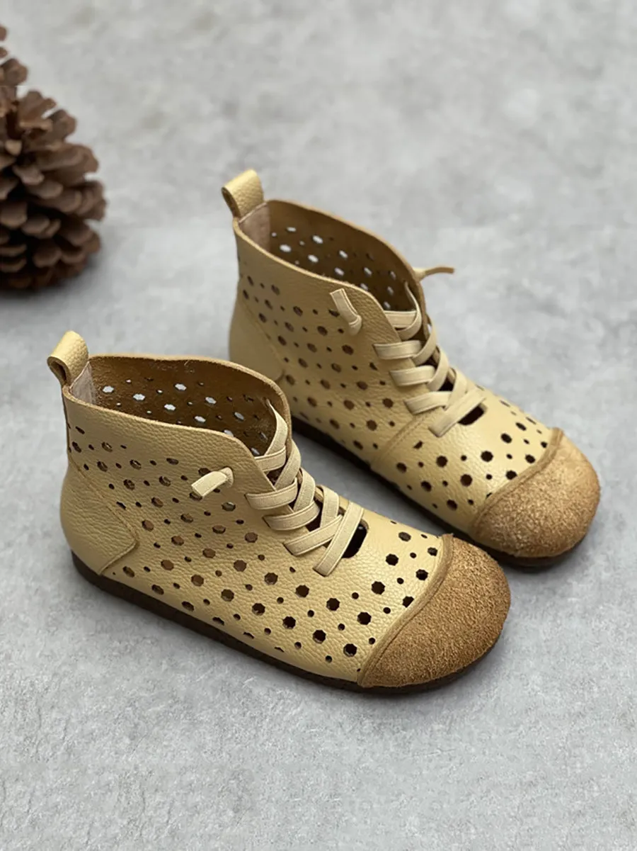 Women Summer Genuine Leather Cutout Flat Boots