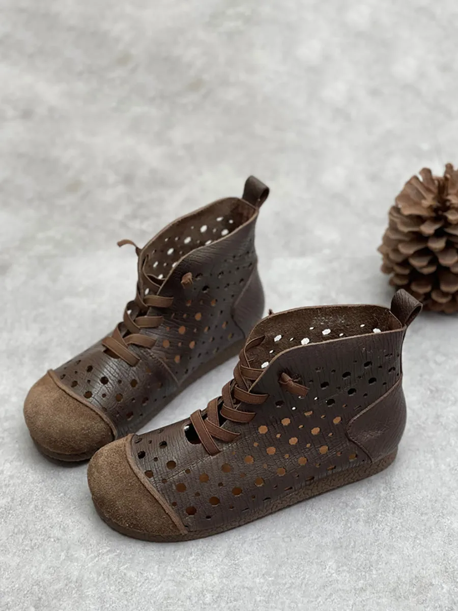 Women Summer Genuine Leather Cutout Flat Boots