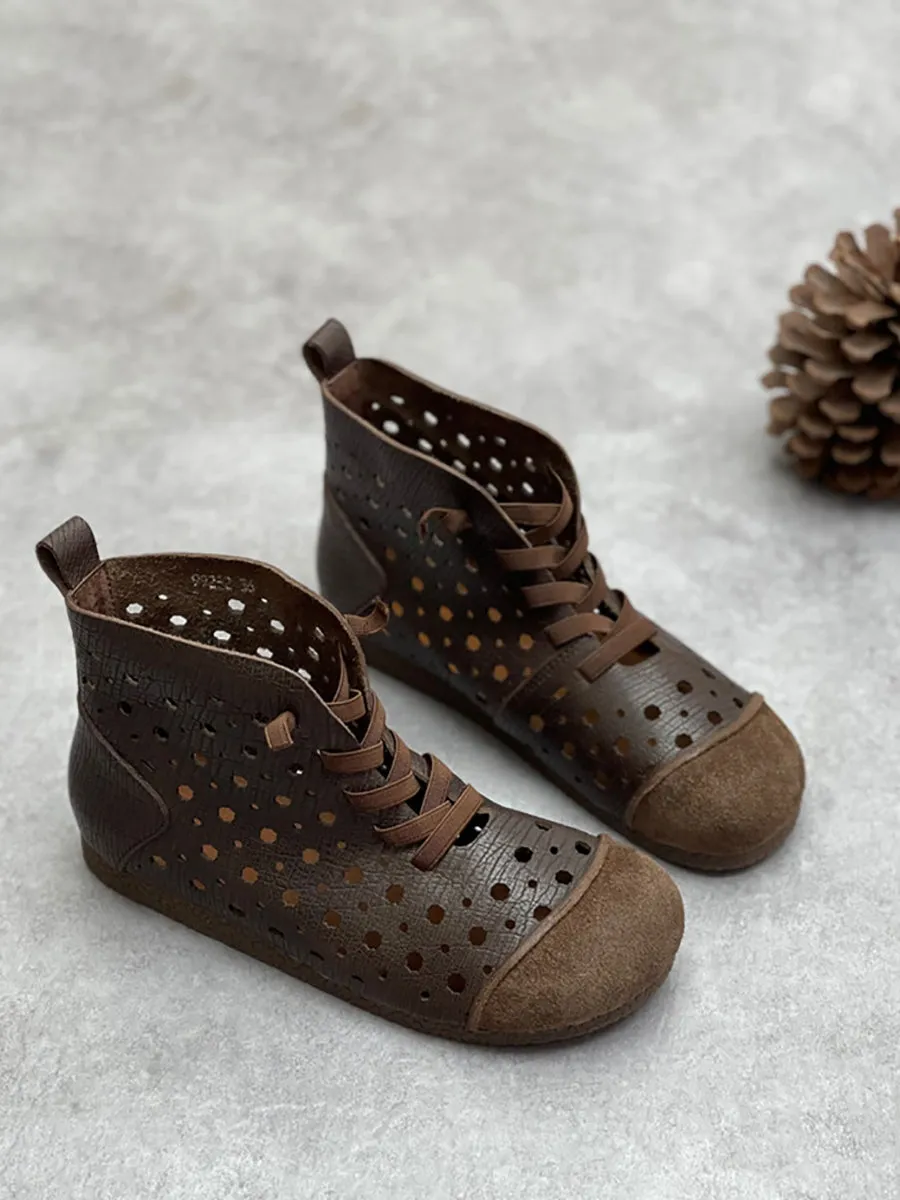 Women Summer Genuine Leather Cutout Flat Boots