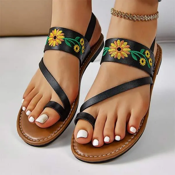 Women's Embroidered Toe-Ring Sandals with Flat Sole 37559130C