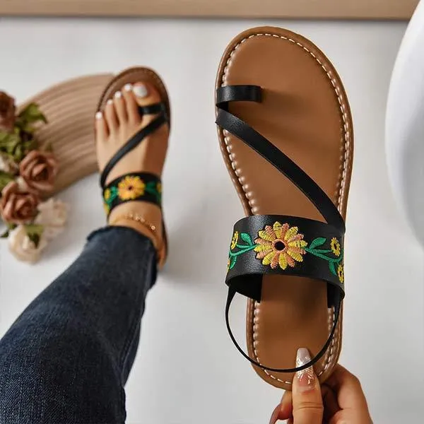 Women's Embroidered Toe-Ring Sandals with Flat Sole 37559130C