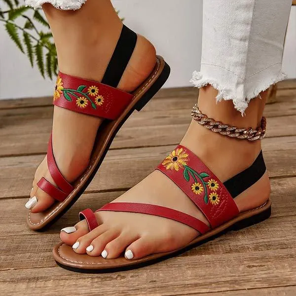 Women's Embroidered Toe-Ring Sandals with Flat Sole 37559130C